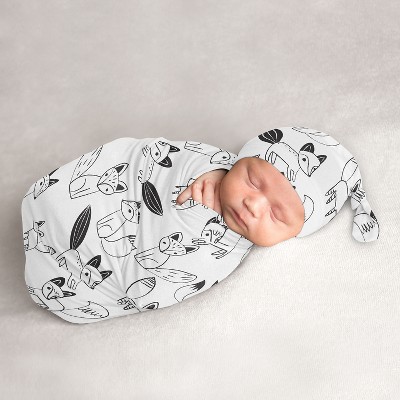 Image of Sweet Jojo Designs Boy, Girl, Unisex/Gender Neutral Baby Cocoon and Beanie Hat Swaddle Wrap Fox Black and White 2pc