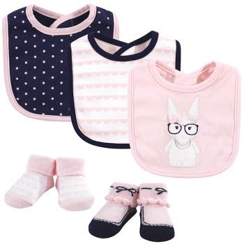 Hudson Baby Infant Girl Cotton Bib and Sock Set 5pk, Hip Bunny, One Size
