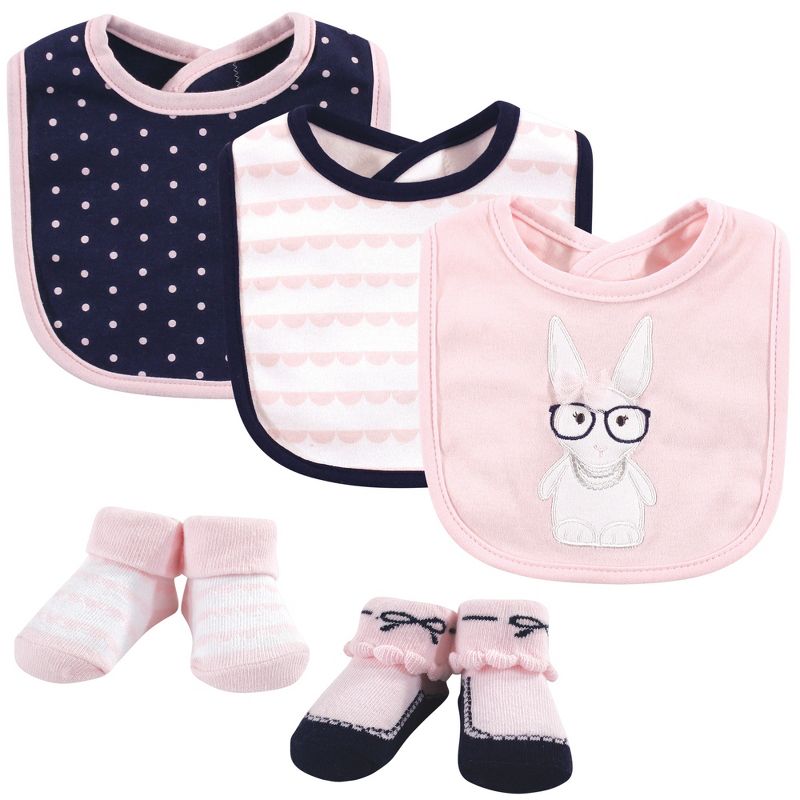 Hudson Baby Infant Girl Cotton Bib and Sock Set 5pk, Hip Bunny, One Size, 1 of 8