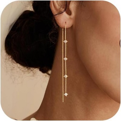 Dangle Threader Earrings for Women: Dainty 14k Gold Plated Drop Long Chain Earrings Trendy Non Tarnish Elegant Cubic