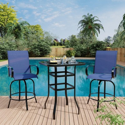 3PCs Outdoor Patio Swivel Bar Set with All-Weather Textilene Chairs and Tempered Glass Table, High Stool Bistro Set for Lawn Garden & Balcony, Blue