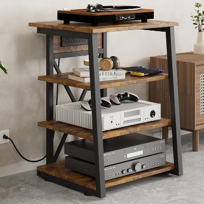 Acekool 4-Tier AV Media Stand with Power Outlet, Adjustable Shelves Corner Media Console for TV, Game Console, Stereo & DVD Players
