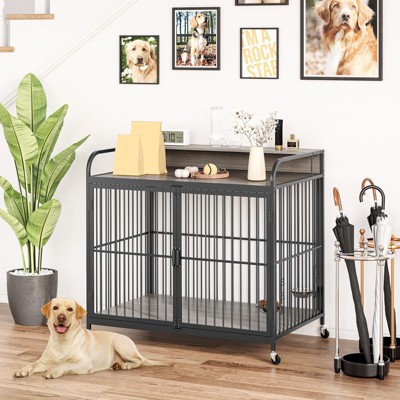 Dog Crate Furniture,Heavy Duty Dog Kennel Indoor with Adjustable Height Feeder,Dog Crate with 360°Wheels for Easy Mobility,Wooden Decorative Pet Hous