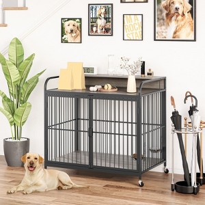 Dog Crate Furniture,Heavy Duty Dog Kennel Indoor with Adjustable Height Feeder,Dog Crate with 360°Wheels for Easy Mobility,Wooden Decorative Pet Hous - 1 of 4