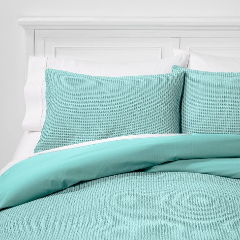 Full Queen Washed Waffle Weave Duvet Cover Sham Set Teal
