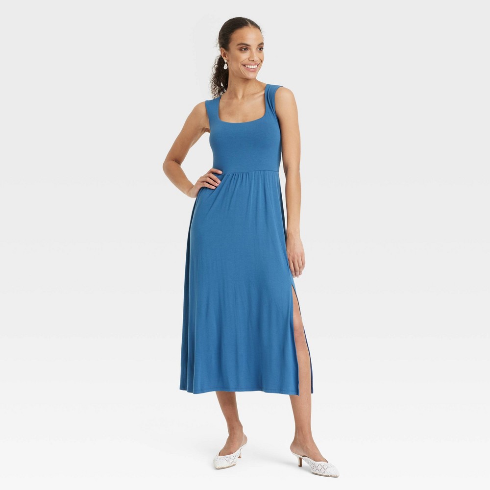 Women's Knit Ballet Midi Shift Dress - A New Day™ Dark Blue L: Rayon Spandex Pullover with Side Pocket