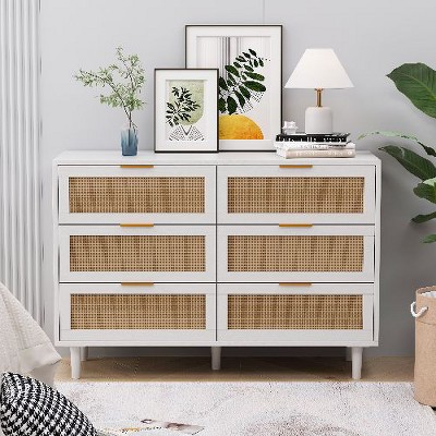 NicBex 43.31" Rattan Dresser with Drawers, 6-Drawer Dresser for Bedroom in Wood Tone, Modern Storage Cabinet for Bedroom & Closet