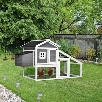 Gray and White Wooden Chicken Coop with Nesting Box and Run