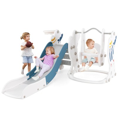 Safstar 4 in 1 Toddler Slide and Swing Set, Indoor Outdoor Rocket Playset Gym with Baby Swing, Basketball Hoop, Kids Climber Play Set for Age 1+