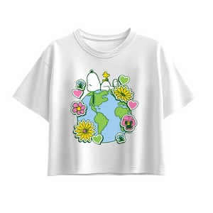 Girls' - Peanuts - Snoopy Woodstock Earth Stickers Short Sleeve Boxy Graphic T-Shirt - 1 of 2