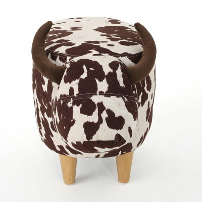 Brown and White Velvet Cow Ottoman with Rubberwood Legs