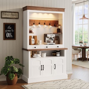 Farmhouse Style 72 Inch Tall Coffee Bar Cabinet, Features LED Lighting, Glass Shelves, and Hooks, Ideal for Kitchen, Dining, or Living Room - 1 of 4