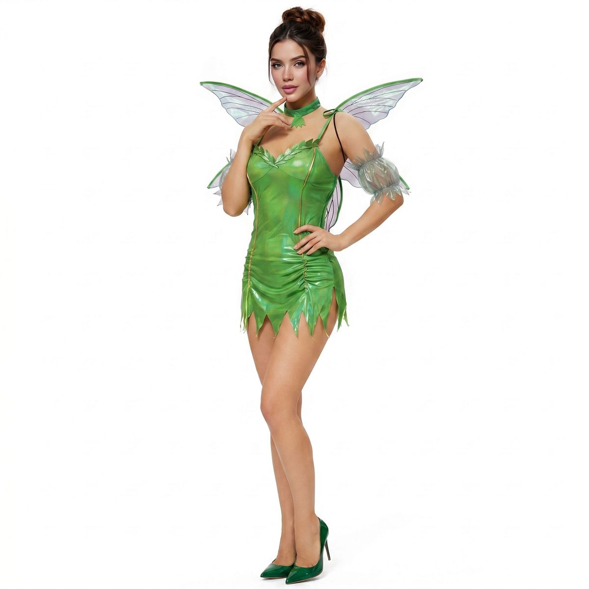 Joyfy Halloween Costume Fairy Dress for Women, Green Pixie Outfit with Wings & Choker – Forest Suit for Adult Dress Up Party - thumbnail 5