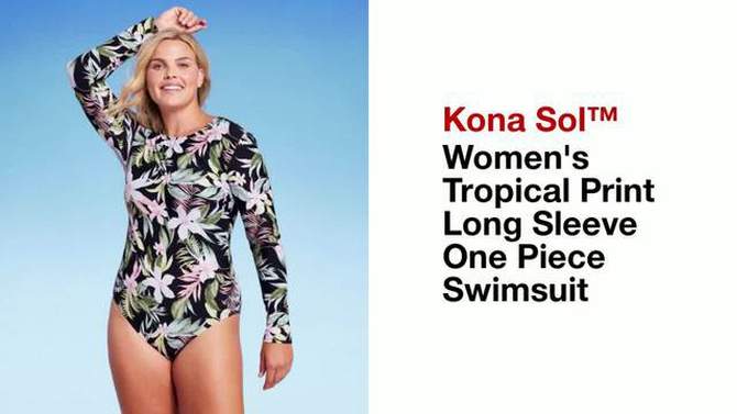 Women's Tropical Print Long Sleeve One Piece Swimsuit - Kona Sol™ Black, 2 of 8, play video