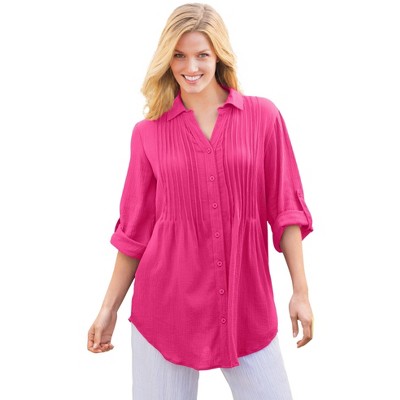 Woman Within Pintucked Button Down Gauze Shirt