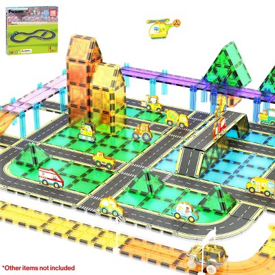 PICASSO-TILES Race Track Highway Magnetic Tiles for Kids, 16PCS Construction STEM Building Blocks Educational Toy