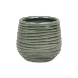 Cheung's Fairloam Round Curved Wave Lined Pattern Ceramic Pot- Medium - Green - 1 of 4