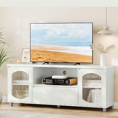 Jojoka Modern TV Stand for 65 Inch TV, TV Cabinet with Fluted Glass Door and Open Shelve,White