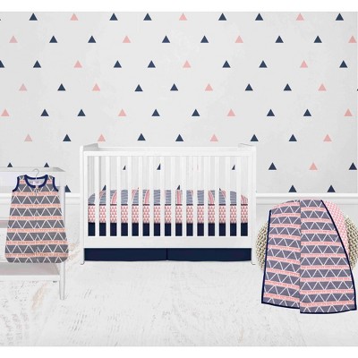 Bacati - Girls Triangles Coral Navy 4 pc Crib Bedding Set with Sleeping Bag