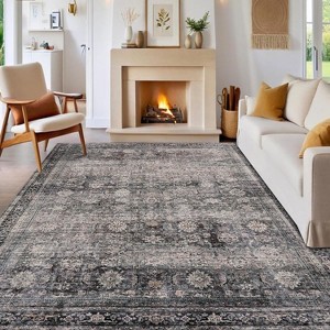 Washable Area Rugs Non-Slip Vintage Rugs for Living Room, Low Pile Stain-Resistant Distressed Oriental Carpet, Foldable Floral Print Floor Covering - 1 of 4