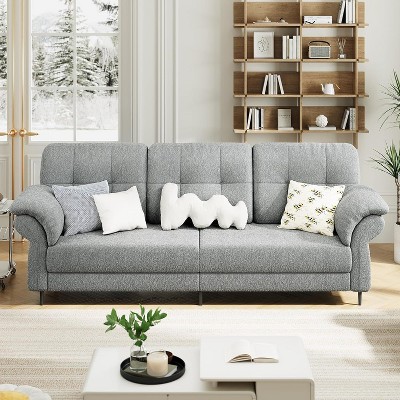 Acekool 84" Living Room Sofa, Curved Armrests with Removable Pillows and Side Pockets, Teddy Wool Couch for Modern Home