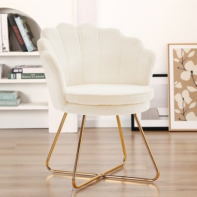 Vanity Chair with Back Teddy Fleece Shell Accent Chair for Living Room Criss Cross Chair with Gold Legs Makeup Chair for Bedroom Desk Chair