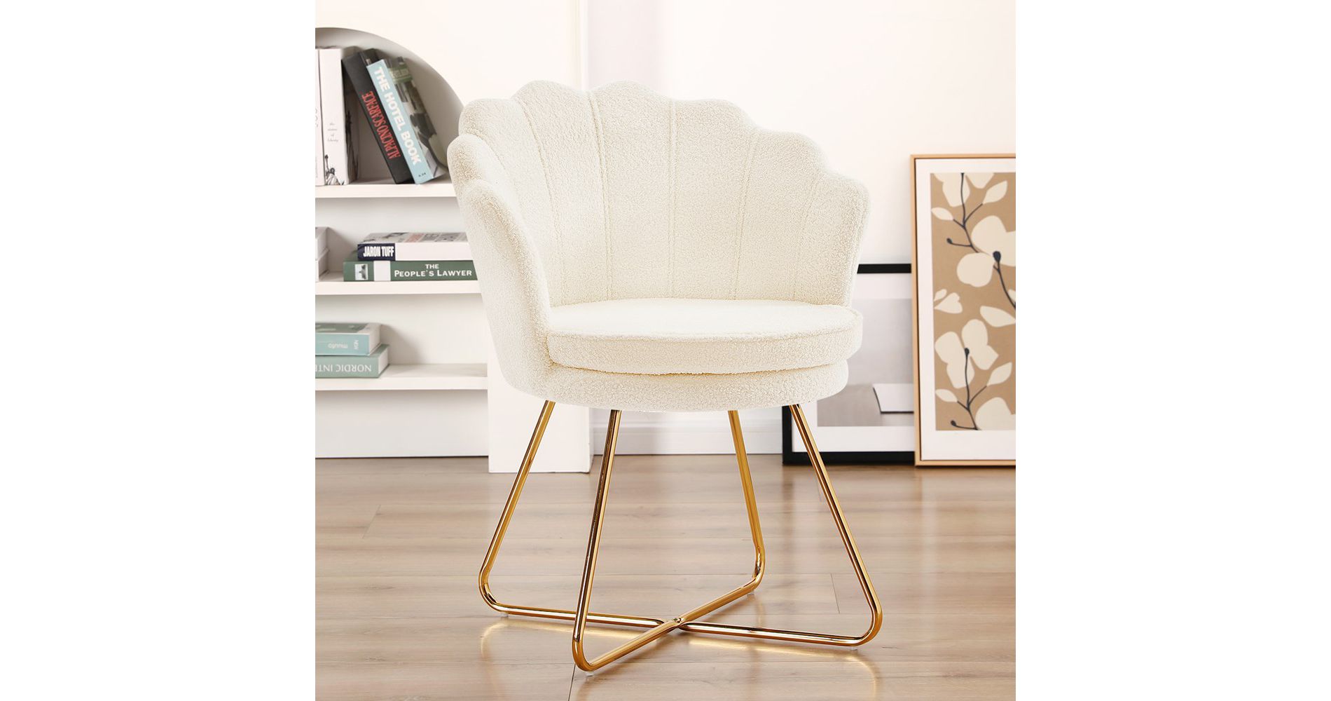 Vanity Chair with Back, Teddy Fleece Shell Accent Chair for Living Room, Criss Cross Chair with Gold Legs, Makeup Chair for Bedroom Desk Chair