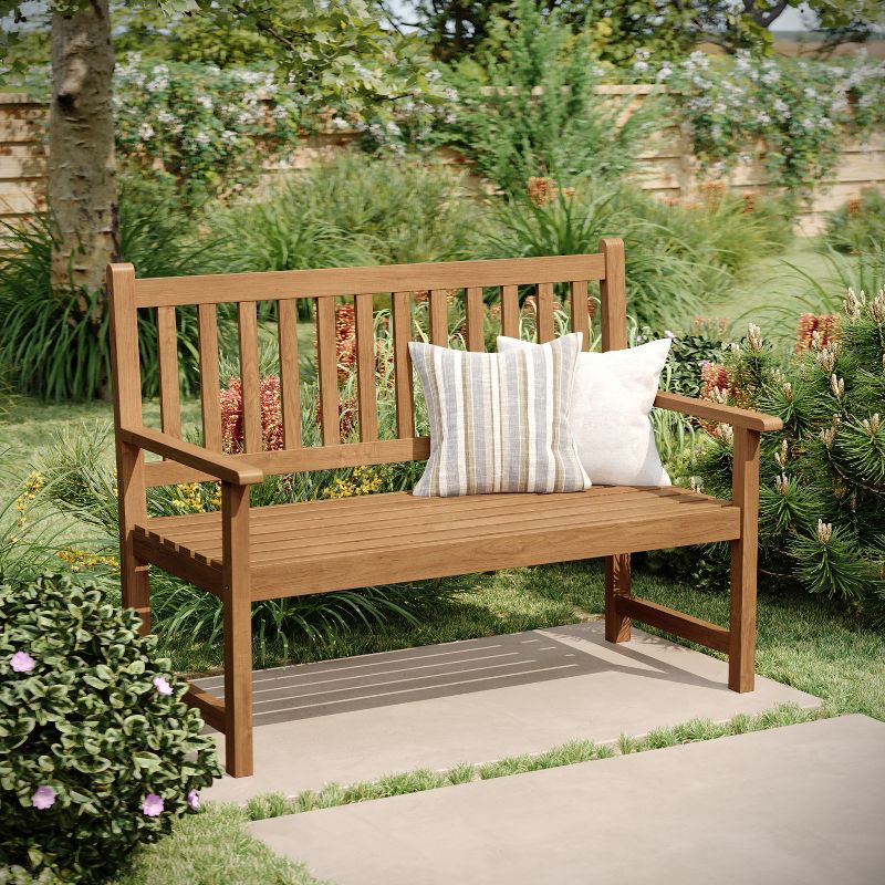 Flash Furniture Adele Commercial Grade Indoor/Outdoor Patio Acacia Wood Bench, 2-Person Slatted Seat Loveseat for Park, Garden, Yard, Porch, 2 of 10