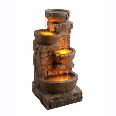 33.27" Brown Polyresin Cascading Bowls and Stacked Stones LED Fountain