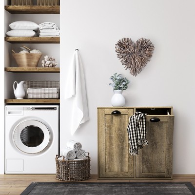 Oak Finish Tilt-Out Laundry Sorter Cabinet