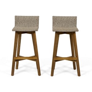 2pk La Brea Acacia Wood & Wicker Patio Barstools Brown / Teak - Christopher Knight Home - 1 of 4