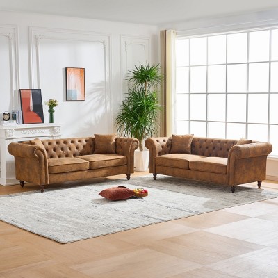 Chesterfield 3+3 Seater Tech Fabric Sofa Set,Rolled Arm Couch with Button Tufting for Living Room or Apartment-Baofuwish