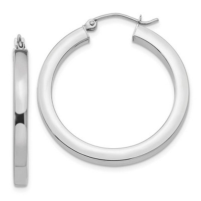 Black Bow Jewelry 3mm, 14k White Gold Square Tube Round Hoop Earrings, 30mm (1 1/8 Inch)
