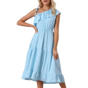 Allegra K Women's Summer One Shoulder Ruffle Neck Casual Flowy A-Line Tiered Sundresses - 1 of 4