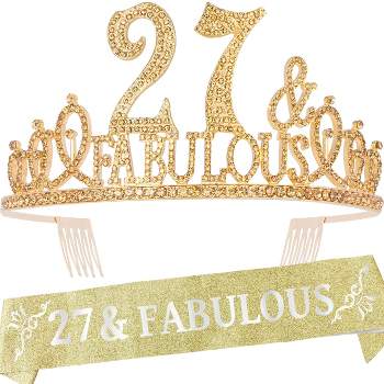 EBE EmmasbyEmma 27th Birthday Sash and Tiara for Women - Fabulous Set: Glitter Sash + Fabulous Rhinestone Gold Premium Metal Tiara for Women