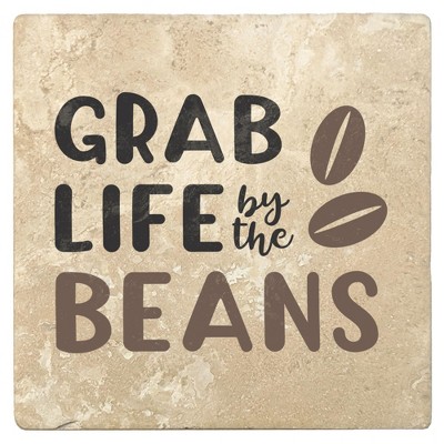 Christmas by Krebs Set of 4 Ivory and Black "GRAB LIFE by the BEANS" Square Coasters 4"