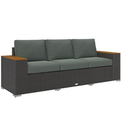 Outsunny Thick Cushioned 3-Seater Outdoor Sofa, Wood Grain Wide Armrests, Patio Couch, Dark Gray - image 1 of 4