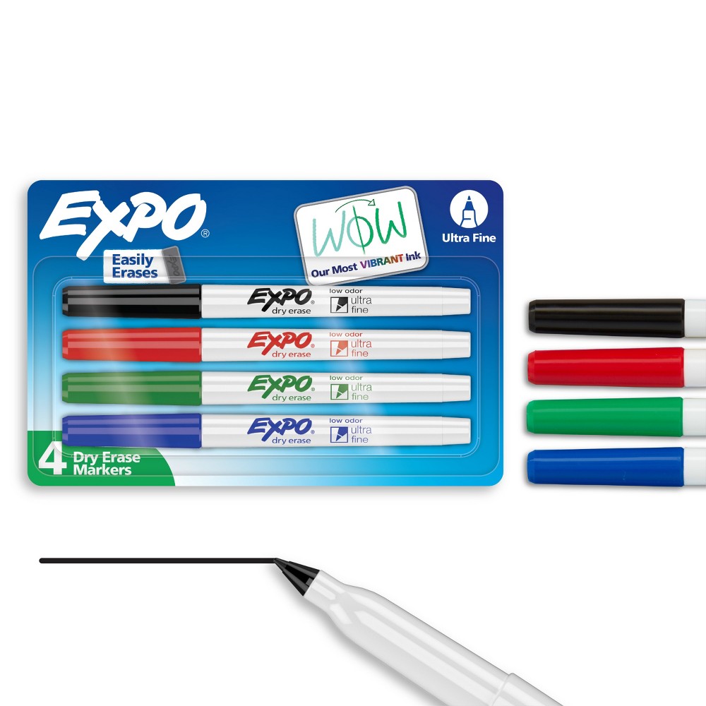 Expo 4pk Dry Erase Markers Ultra Fine Tip Multicolored: Thin Whiteboard Markers, Low-Odor, Erasable, Art & Stationery