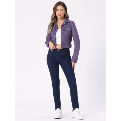 INSPIRE CHIC Women's Casual Faux Suede Notched Collar Button Up Cropped Jacket with Pockets Purple Small — фото 3
