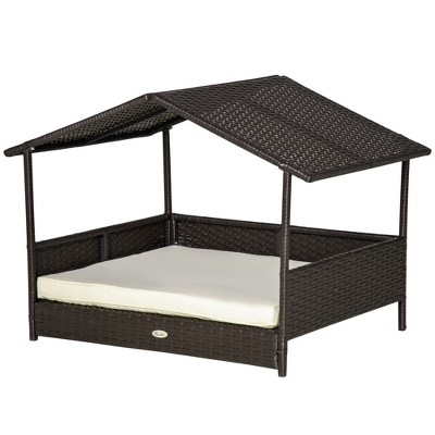 Medium Brown Wicker Elevated Outdoor Dog Bed with Canopy