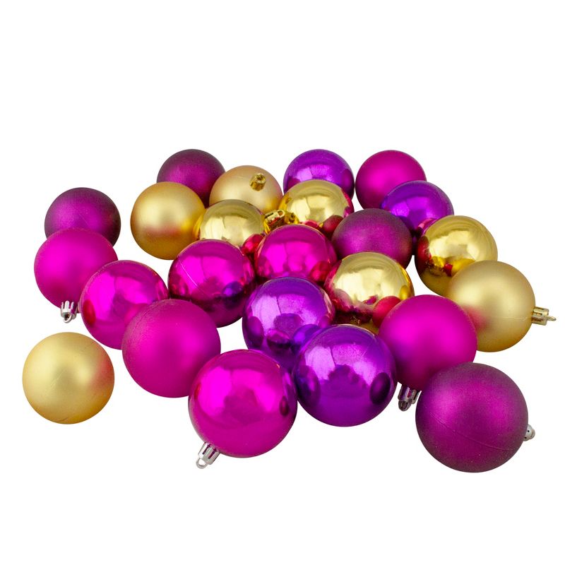 Northlight 24ct Shatterproof 2-Finish Christmas Ball Ornament Set 2.5” - Purple/Gold, 1 of 9