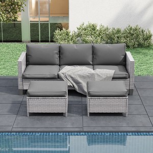 Sonkuki 3-Seater Patio Sofa Set Brown/Gray Rattan with Ottomans - 1 of 4