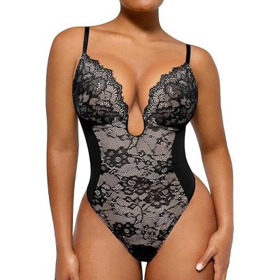 SHAPELLX Shapewear for Women Tummy Control Lace Bodysuit for Women Thong Body Shaper Bodysuit U Plunge Backless BodySuits—Black 38