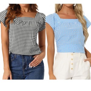 INSPIRE CHIC Women's Summer Square Neck Gingham Cap Sleeve Blouses 2 Packs - 1 of 4
