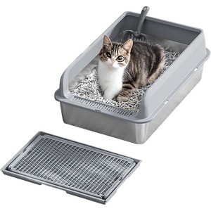Stainless Steel Cat Litter Box，Open Top High Wall Sided Large Metal Box with Scoop & Mats,Non-Sticky Surface - 1 of 4