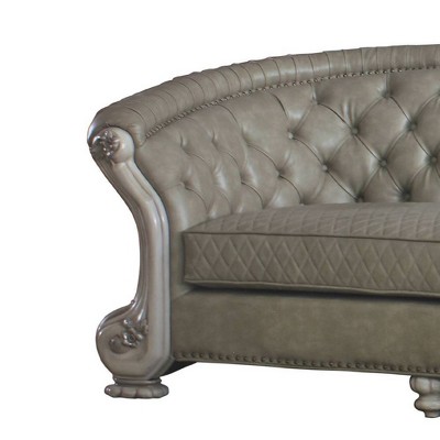 Vintage Bone White Faux Leather Tufted Sofa with Nailhead Trim