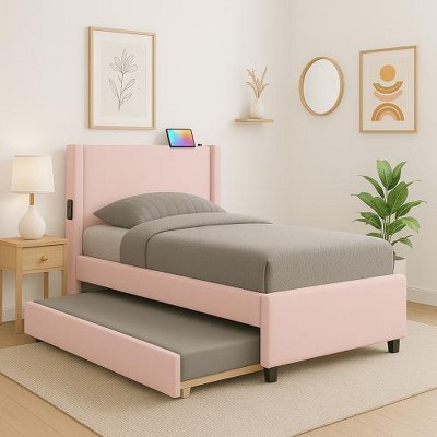 KTMBDW Twin Upholstered Bed Frame with Trundle, Teddy Platform Bed with USB Headboard, Classic Color-Blocking Design, No Box Spring Required, Pink