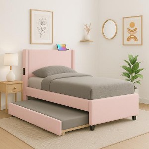 KTMBDW Twin Upholstered Bed Frame with Trundle, Teddy Platform Bed with USB Headboard, Classic Color-Blocking Design, No Box Spring Required, Pink - 1 of 4