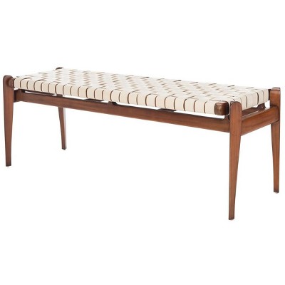 Dilan Sophisticated White Genuine Leather Bench with Mahogany Frame