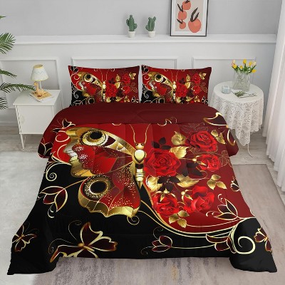 Red Golden Butterfly Comforter Set,Vibrant Red Rose Bedding Set,Flower Butterflies Quilt Set for Adults, three-piece set